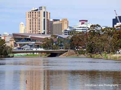 Torrens Lake,with Adelaide CBD in the background.